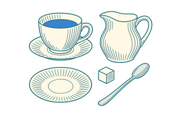 Elegant classic teacup with saucer, milk jug, sugar cube, and spoon set for serving hot beverages