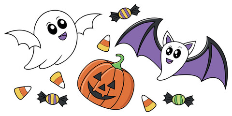 Spooky Halloween Fun with Cute Ghost, Bat, Pumpkin, and Candy Characters for Festive Invitations and Party Decorations