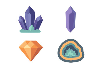 Stylized collection of colorful natural mineral crystals, precious faceted diamond, and unique geode formations
