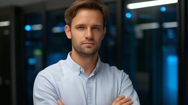 An assured technician standing confidently with folded arms in a server room glowing equipment around subtle reflections highlighting authority atmosphere symbolizing cloud comp