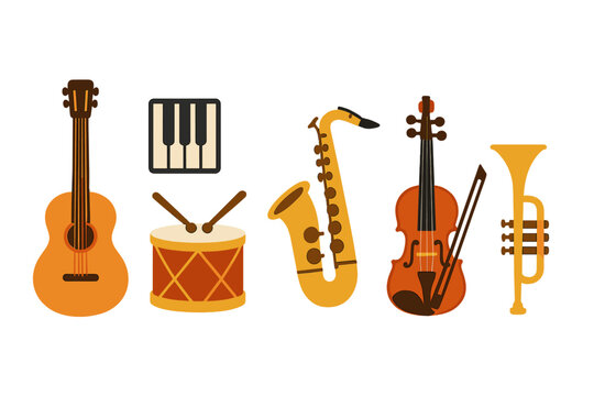 Vibrant collection of diverse musical instruments arranged together, featuring guitar, piano, drum, saxophone, violin, and trumpet
