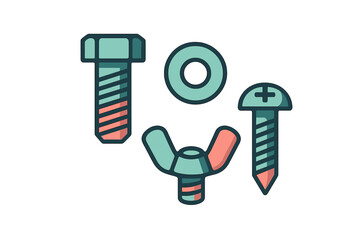 Various hardware components including a bolt, screw, washer, and wing nut for construction and repair projects