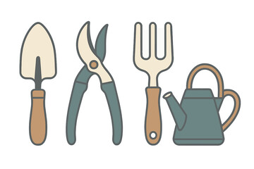Essential gardening tools set including a hand trowel, pruning shears, cultivator, and watering can for planting and maintenance