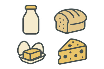 Simple graphic icons representing a selection of essential dairy and bakery products including milk, bread, eggs, butter, and cheese for a healthy lifestyle
