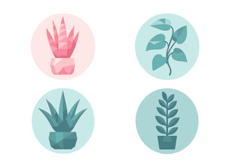 Stylized geometric potted house plants with faceted leaves and modern minimalist design in pastel colors for home decor