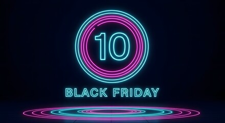Black friday countdown with neon number 10 and glowing circular platform