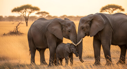Fototapeta premium A stunning shot of two adult African elephants and their baby sharing a loving moment on the savanna at sunset, symbolizing family, protection, and wildlife conservation.