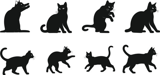 Set of cat silhouette vector illustrations showing sitting, standing, walking, and playful feline poses for creative animal artwork