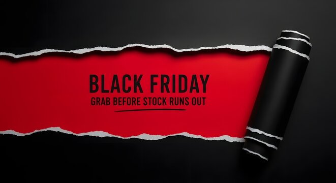 Black friday sale announcement with torn paper revealing red background and text black friday grab before stock runs out