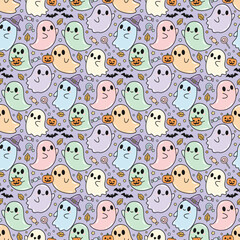 Cute pastel Halloween ghosts with pumpkins, bats, stars, and candy in seamless pattern spooky background.