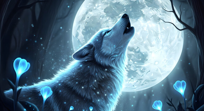 A glowing white wolf howling at a massive full moon in an enchanted forest, surrounded by ethereal blue, glowing flowers, creating a magical fantasy scene.