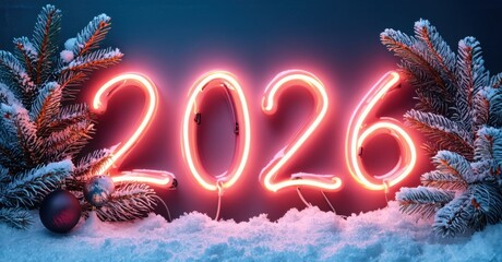 Neon digits display year 2026. Snow covers ground, framing evergreen branches. Festive, vibrant winter scene. Bright illumination.