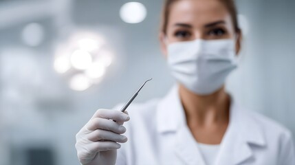 A masked dentist holds a dental instrument in a bright clean clinic