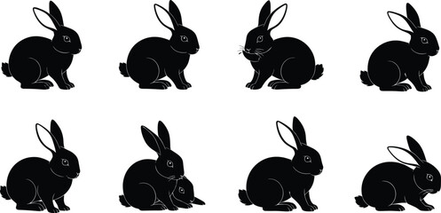 Silhouette illustration of rabbits in different poses sitting, resting, and grooming, black bunny vector artwork for animal and nature design.