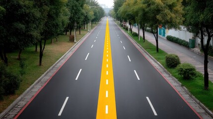 Aerial View of Asphalt Road with Yellow Line Amidst Trees on Sidewalks in Daylight