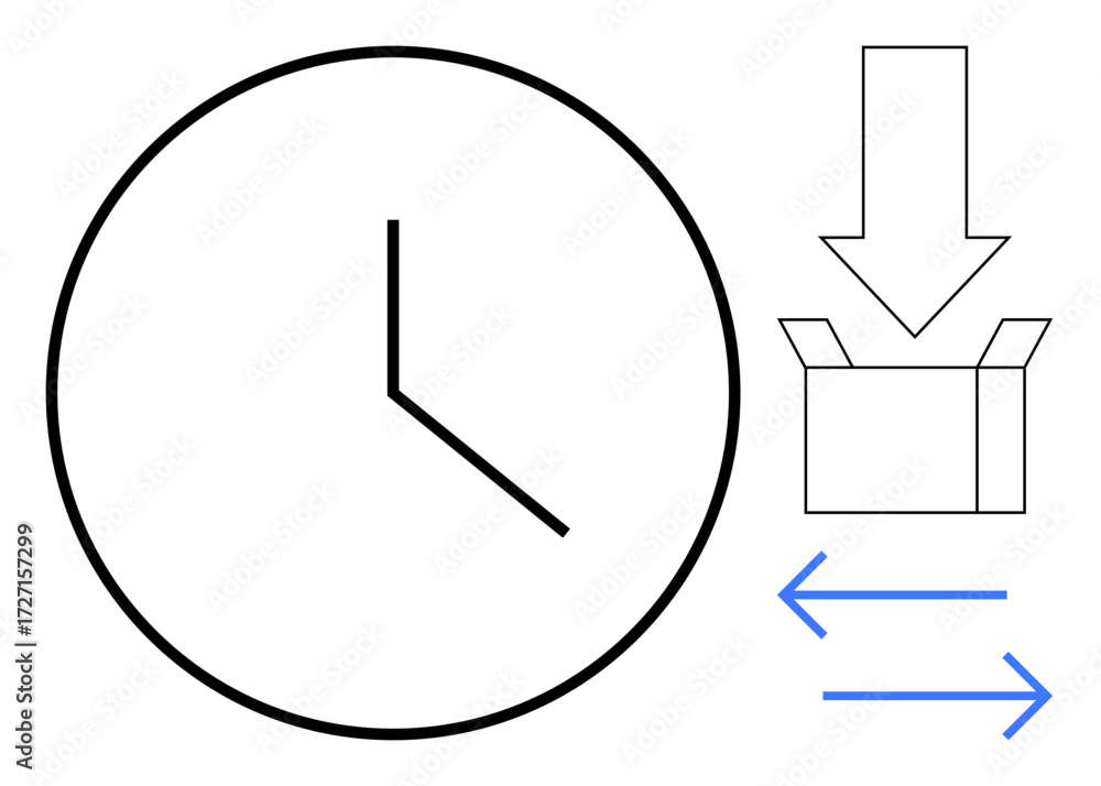 Poster black clock symbolizing time, box and arrows portraying exchange or process flow. ideal for producti