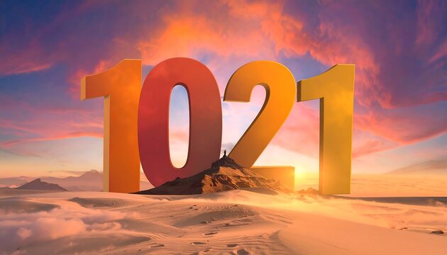 Vibrant digital rendering showcasing the number 1021 against a sunset sky and desert scene. Figures atop a sand dune