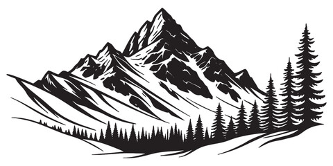 Stunning mountain range illustration with evergreen forest, ideal for outdoor adventure branding and nature-inspired designs