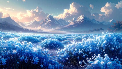 Vast field of vibrant blue flowers, snow-capped mountains