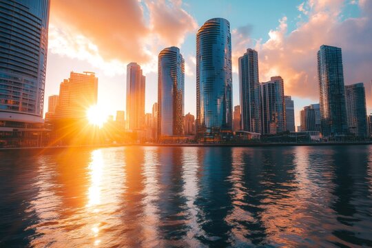 Modern skyscraper buildings reflecting in calm water at sunset, capturing urban landscape with warm sun rays and cloudy sky - Powered by Adobe