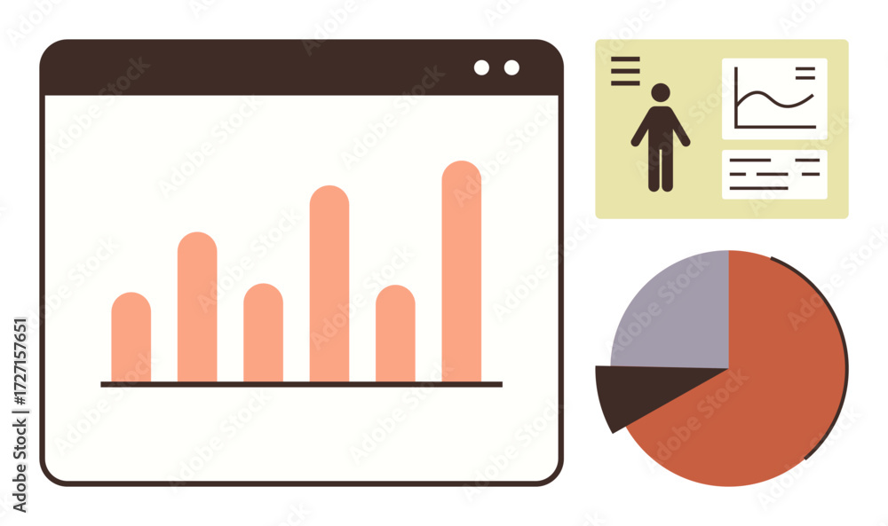 Poster bar graph in a browser window, pie chart, and summary graphic with line chart and icon. ideal for an