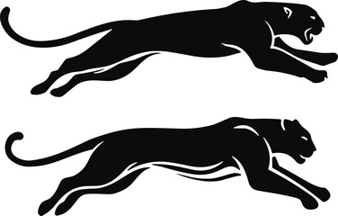 Dynamic silhouettes of leaping panthers, agile wild cats in motion, perfect for branding, logo design, sports, and strength-themed visuals