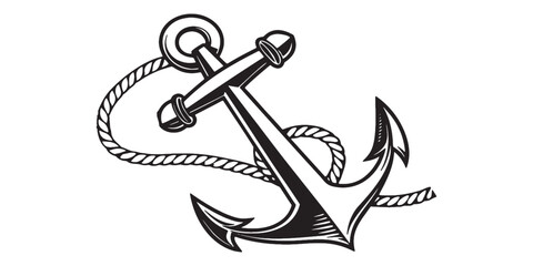 Classic black and white nautical anchor with rope, perfect for coastal designs, vintage logos, and maritime themes, striking graphic