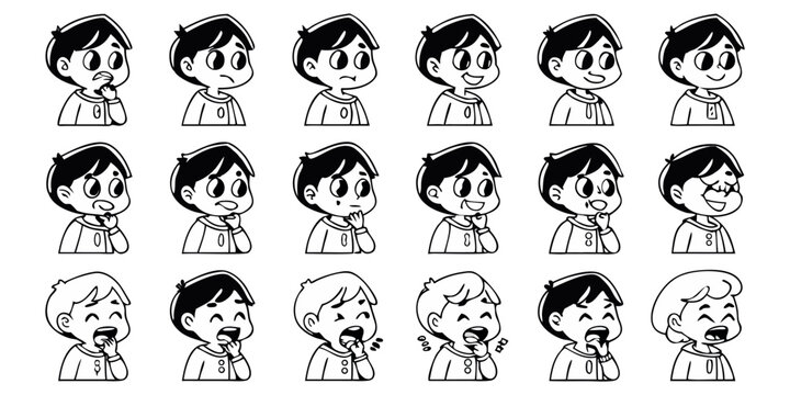 Diverse cartoon boy facial expressions showcase a range of emotions from happy and thoughtful to sick, ideal for character design