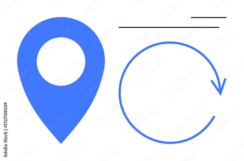Poster blue location pin and circular arrow indicating motion or refresh near horizontal lines for navigati