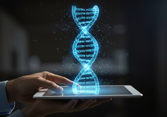 Ultra-realistic closeup: Modern tablet in hand displaying a glowing DNA projection.