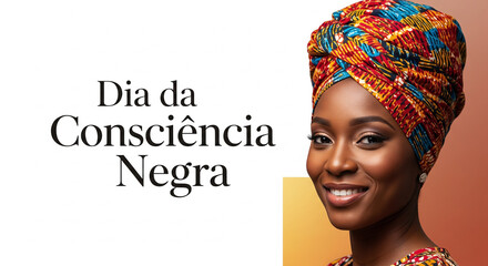 Cartaz Dia da Consciência Negra com retrato realista e turbante colorido