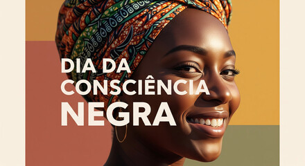Cartaz Dia da Consciência Negra com retrato realista e turbante colorido