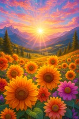 sunflower field at sunset