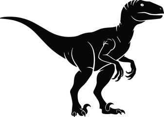 Obraz premium Black silhouette of Velociraptor dinosaur, prehistoric predator with claws, isolated raptor illustration for educational, scientific, and children’s content use