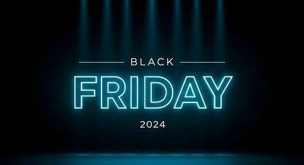 Black friday 2024 neon sign with spotlights on a dark blue background, representing a sale event