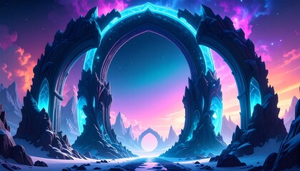 Vast, glowing archway, fantasy landscape