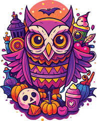 Halloween owl vector, spooky cute illustration, pumpkins, skull, candy, haunted house, bat, potion bottles, festive autumn fantasy design
