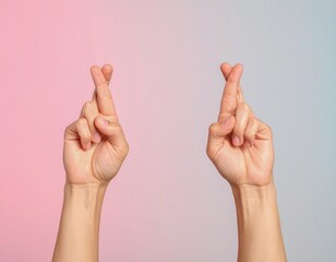 Symbolic gesture of good luck and hopeful wishes with crossed fingers against a vibrant gradient background