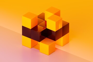 Abstract Yellow and Black Cubes in Pixel Voxel Structure 3D computer generated image