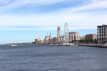 Italy, Apulia, Bari, view of the city from the sea on a cloudy spring day