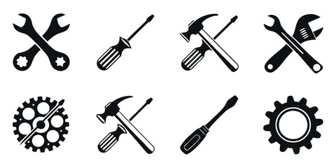 Essential repair tools icons set, representing mechanical skills and engineering prowess, perfect for a professional, clean repair manual