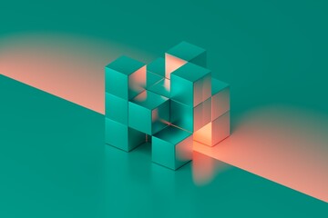 Abstract 3D Render of Turquoise Cubes with Glowing Orange Light background 3D computer generated image