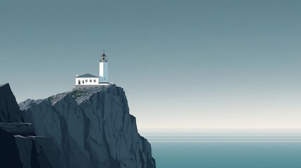 Coastal Lighthouse with Clifftop, Calm Sea, and Illustration.