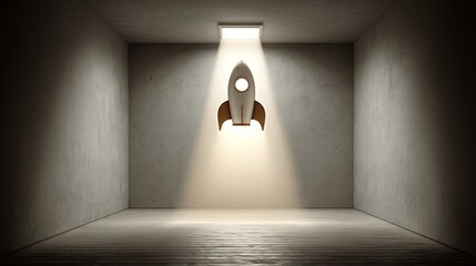 Rocket Model in Minimalist Concrete Room with Spotlight Effect