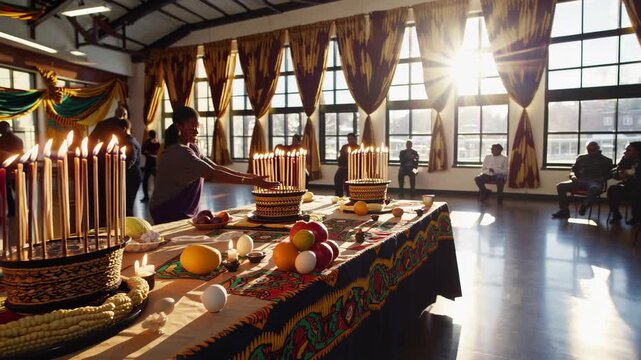 African american people gathering in a sunlit hall, participating in a kwanzaa celebration, preparing a table with symbolic foods and lighting kinara candles during the cultural ritual