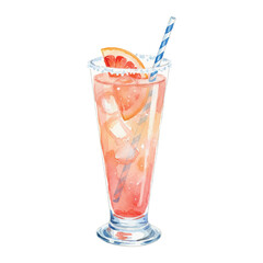 Watercolor Vector of Paloma Cocktail with Grapefruit and Ice on White Background