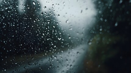 Obraz premium Close up view of numerous raindrops clinging to a wet glass window with a softly blurred natural landscape visible in the background