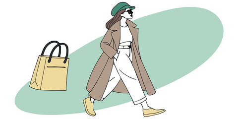 Chic woman walking with shopping bag in stylish modern outfit, perfect for fashion blogs and retail promotions, lifestyle trends