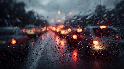 View through a rain streaked windshield of a traffic jam at night with blurred red and orange lights