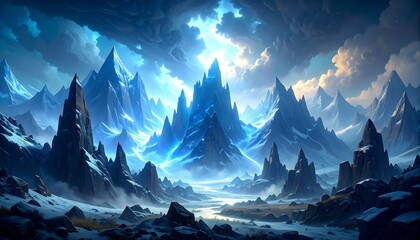 Vast, icy mountains bathed in ethereal light